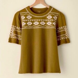 GARNET HILL Sage Embroidered Short Puff-Sleeve Organic Cotton Sweatshirt XL $89